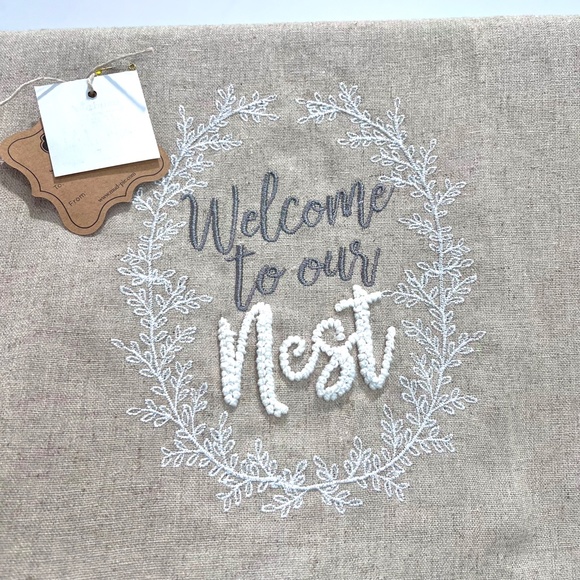 Tan Linen Embroidered French Knot Farmhouse Hand Towel Set of 2 - Picture 4 of 5